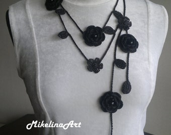 Crochet Rose Necklace,Crochet Neck Accessory, Flower Necklace, Black, 100% Cotton.