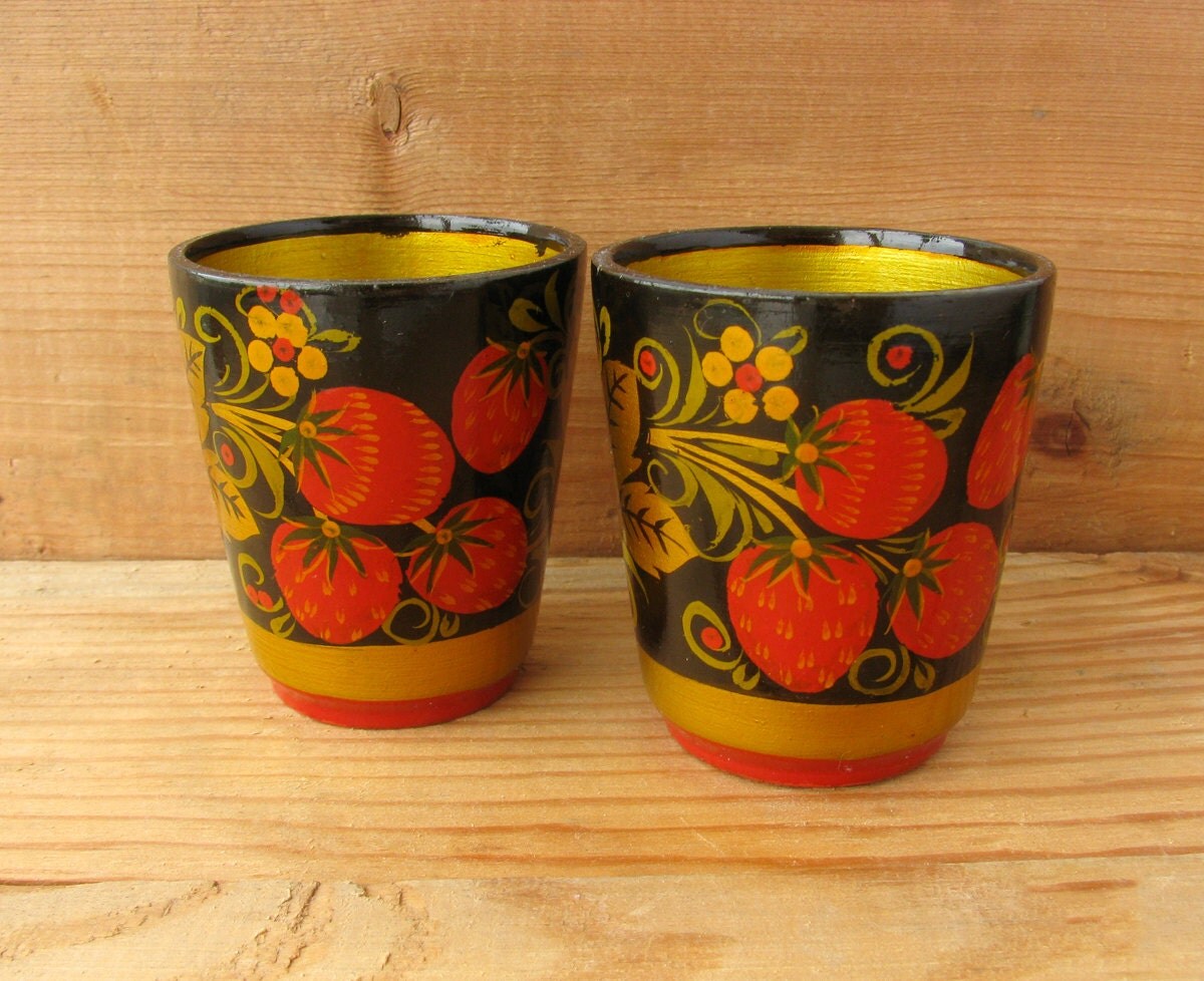 Khokhloma wooden cups, Set of 2, Bowl, Russian folk art, Home Decor, Kitchen utensil, Hand