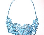 Vintage Romantic Decorative  Art nouveau butterfly light blue Pastel/ Turquoise with white cristal ckear  Rhinestones collar Necklace