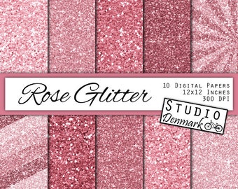 Rose Pink Glitter Digital Paper - Pink Sparkle Chunky Glitter Chevron - Rosy Metallic Shine - 10 Papers - 12in x 12in - Instant Download