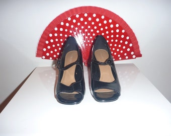 Black Patent Peep Toe Shoes, Size 6.5