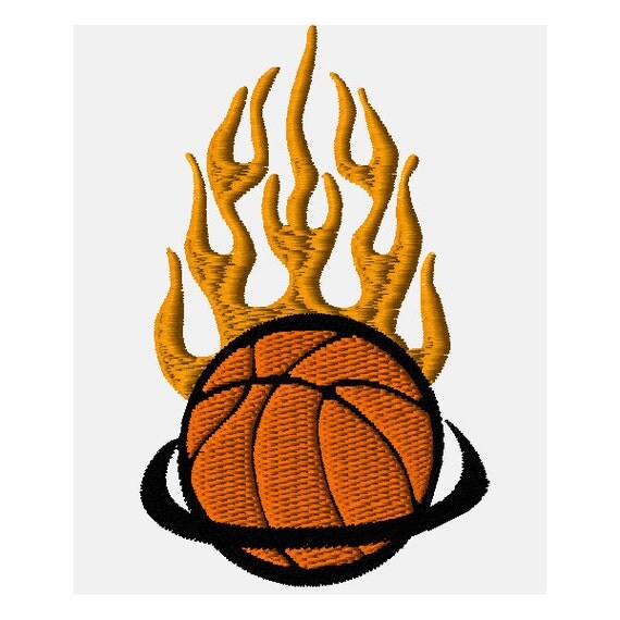 Basketball in Flames Going Through Hoop Machine Embroidery
