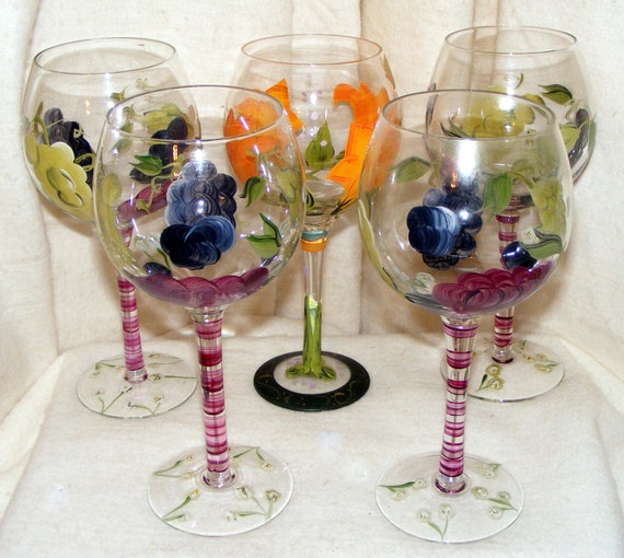 VINTAGE WINE GOBLETS 5 Handpainted & Stemmed