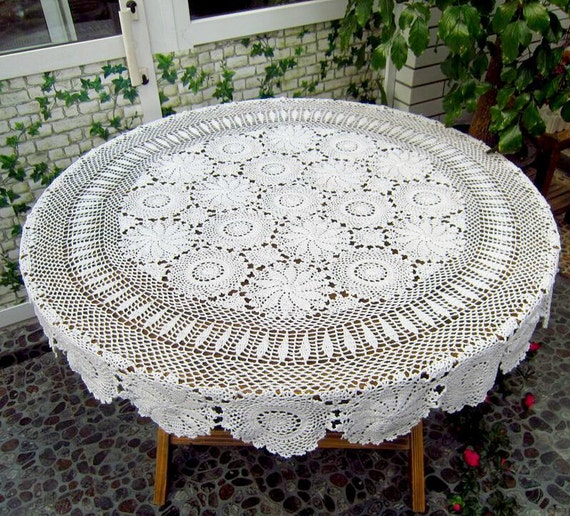 Round crochet tablecloth Vintage crochet table by LynnLakeWorkshop