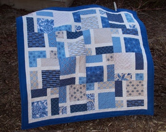 Handmade Baby Quilt in Blue, White and Tan Cotton Fabric