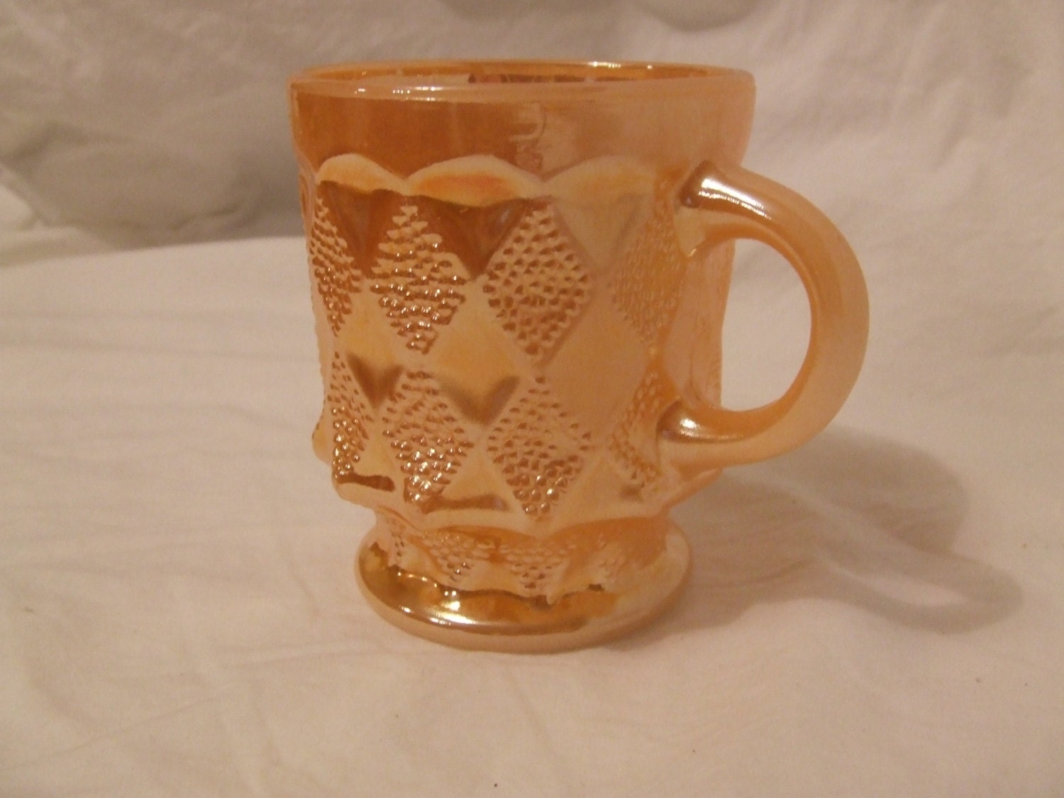 Peach Luster Fire King Coffee Mug Diamond Design by CacheMemories