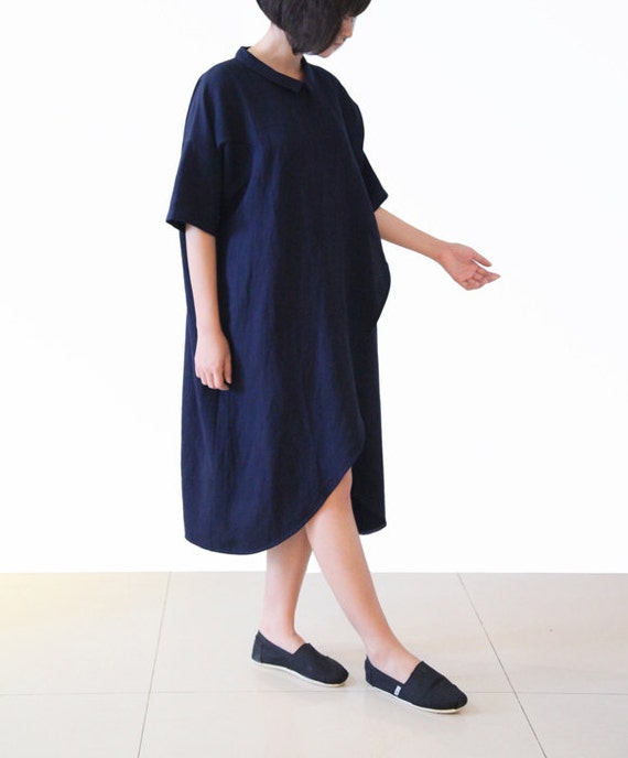 Sale Dark Blue Dress Cotton Linen Dress Long Dress Tunic by lanbao