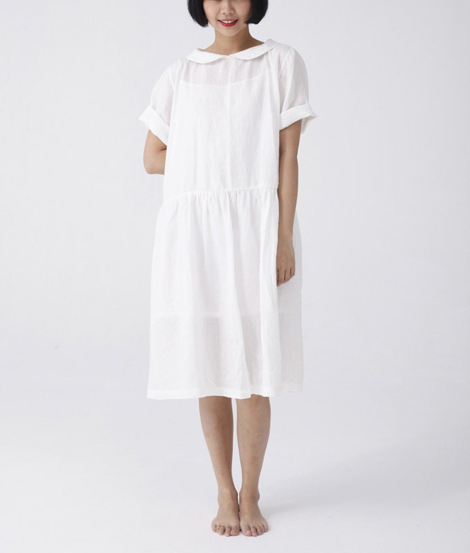 Womens White Linen Dress Thin Short Sleeve Peterpan Collar