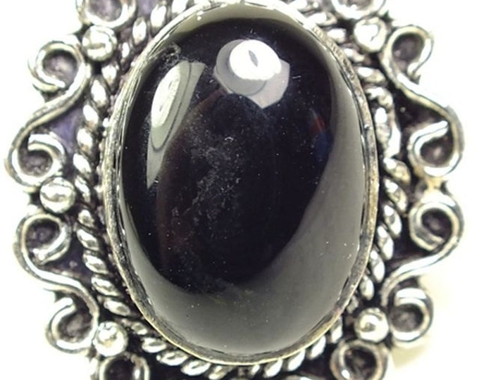 Storewide 25% Off SALE Stunning Vintage Oversized Black Onyx Cocktail Ring Featuring Oval Center Stone set in Ocean Wave Trimmed White Metal