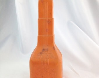 Vintage 1950s Mohawk Liqueurs Glass Orange Bottle w/ Plastic Cap. Native American Figure Logo. Display Container. Mid Century Art Deco,