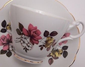 Royal Ascot Fine Bone China Tea Cup and Saucer Pink Yellow Roses White Flowers Gold Trim