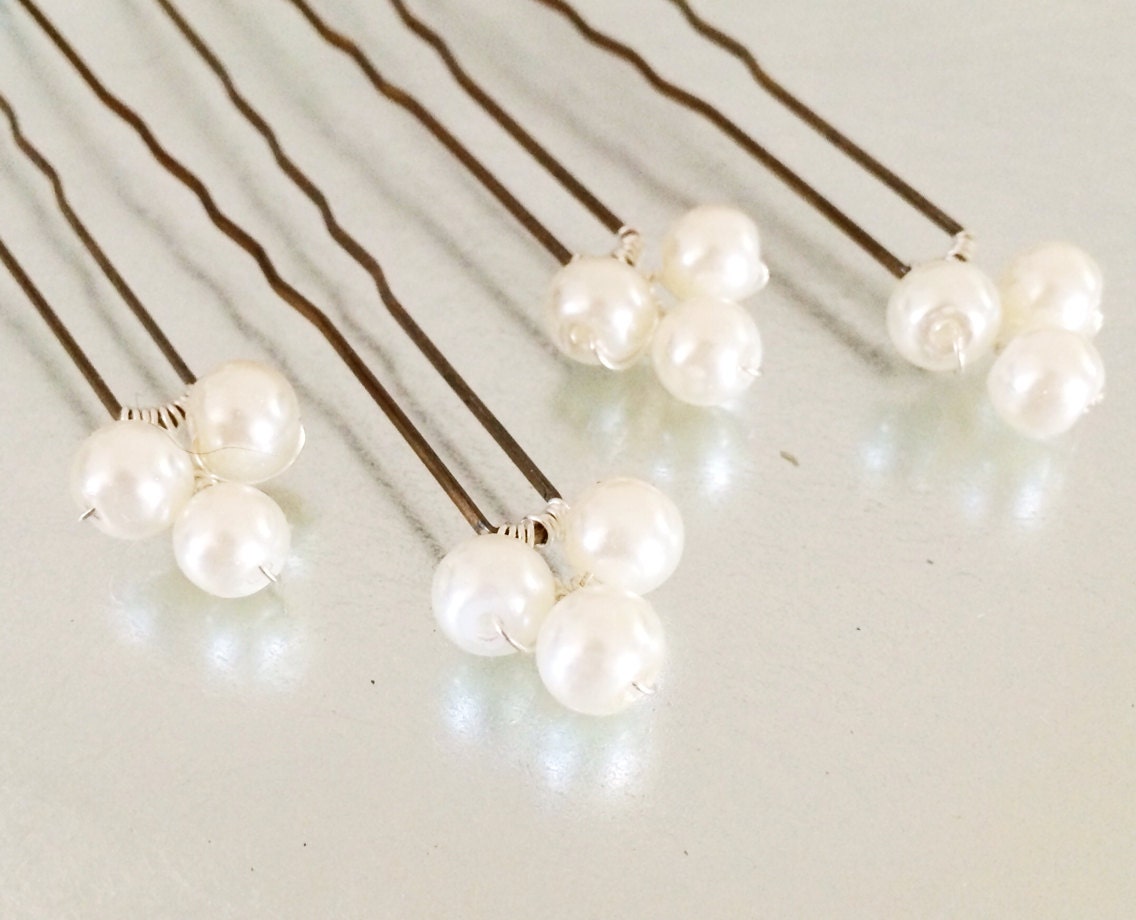 White Beaded cluster hair pins. Set of 4. Long brown hair pins