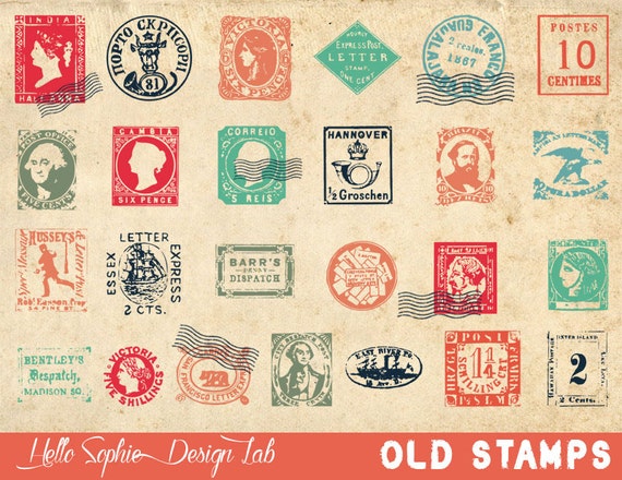 Old Stamps Clipart | Digital Stamps | Clipart in Vintage Postal Theme | A Set of 26 Stamps + Digital Collage + Postcard |