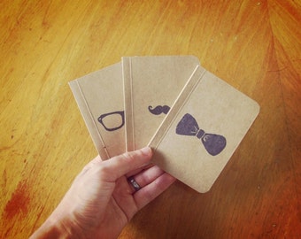 3 Hipster Notebooks Set, Pocket Journals, Original Handmade Mini Diaries and Jotters, Stamp Illustrations, Stationery Notepads
