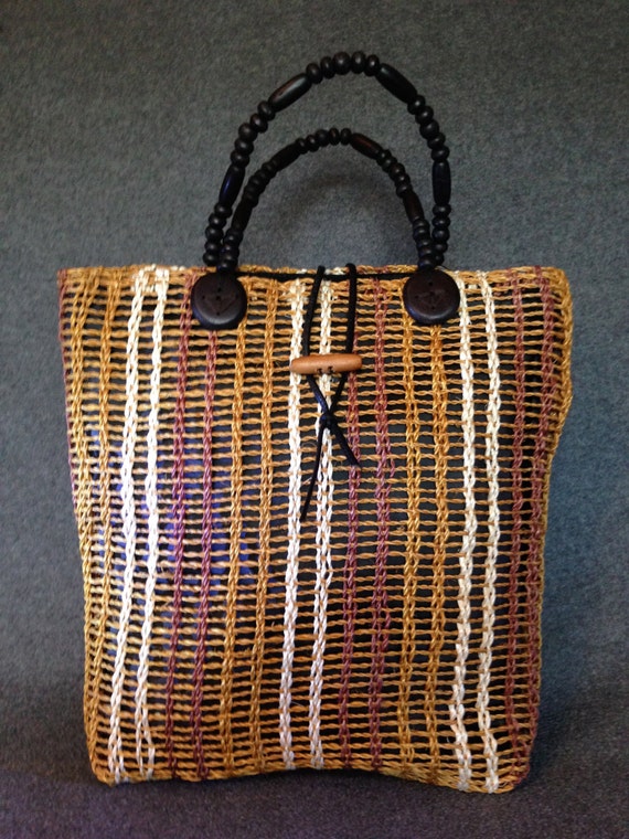 Items similar to Large Woven Hemp Bag with Beautiful Wooden Handles on Etsy
