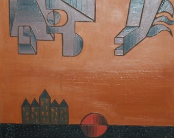 1989 Avant garde cubist landscape Oil Painting, Signed