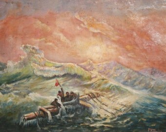 1968 Impressionist Oil Painting Seascape Marine Castaways,Signed
