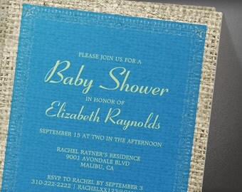 blue vintage burlap baby shower invites