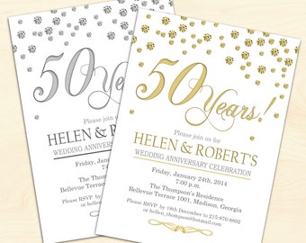 50th Wedding Anniversary Invitation / Confetti / Gold / White / Digital Printable Invitation / Customized