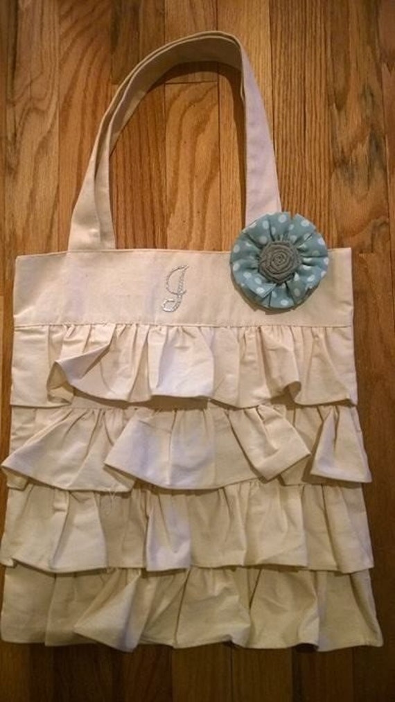 Natural canvas personalized ruffle tote bag by SnugRags on Etsy