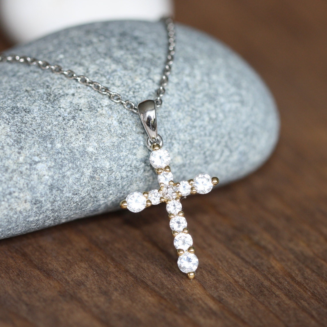 White Sapphire Cross Pendant Necklace in 925 Sterling by LuxCrown