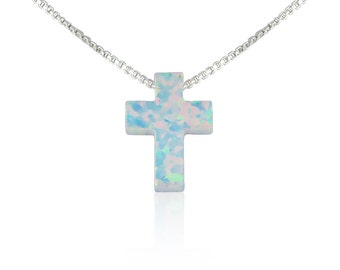 opal cross necklace in sterling silver fancy box chain, white opal cross, chain length available from 12" to 22" waterproof, PRICE TO GRAB