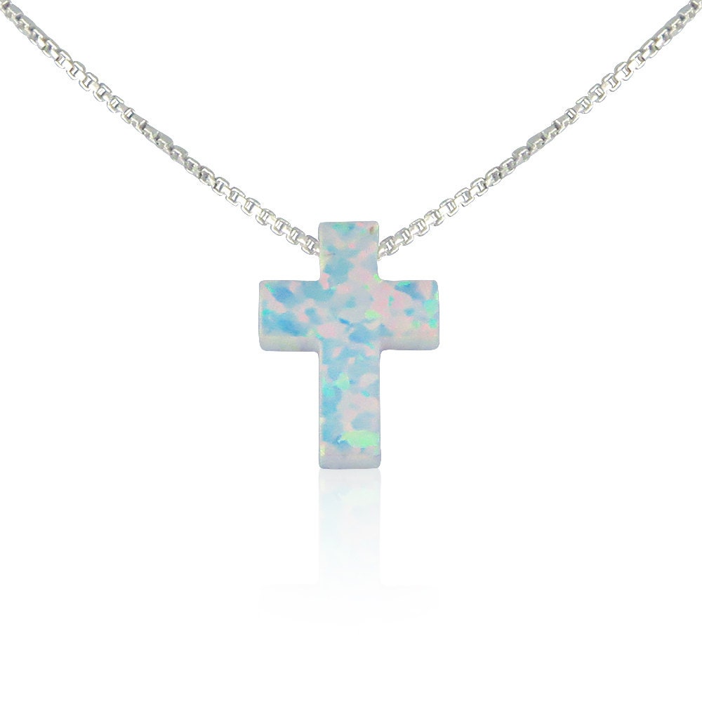 Opal Cross Necklace on a Sterling Silver Fancy Chain White