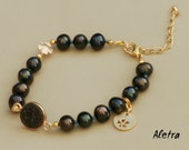Stars in the night sky -  handmade beaded bracelet, natural black Akoya pearl & druzy agate, semi precious stones