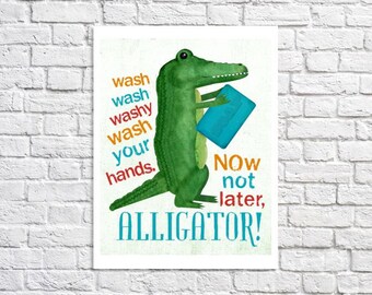 Wash Your Hands Kids Bathroom Poster Alligator Art For Bathroom Children's Bathroom Turquoise And Green Boy Bathroom Rule Sign Digital Print