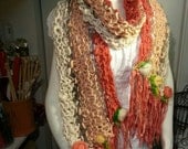 Boho Fairy Hippie Gypsy Hand Spun, Hand Knit Enchanting Shawl or Scarf in Cream, Peach & Papaya with Needle Felted Roses, Sari Silk Ribbons