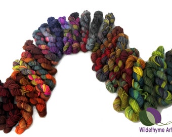 Mini Skeins lot, sock fingering weight yarn, hand painted, Beekeeper, hexipuff, scrap quilt, mini skein grab bag, *new* 4 yarn base options