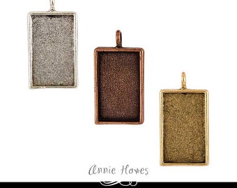 Photo Jewelry Glass Setting. Rectangle Pendant Tray Setting in Silver, Copper, or Gold.