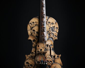 Carved Skull Violin Art - Memento Mori, Day of the Dead, Carved Violin, Skull Carving, Carved Skulls, Handmade Skulls
