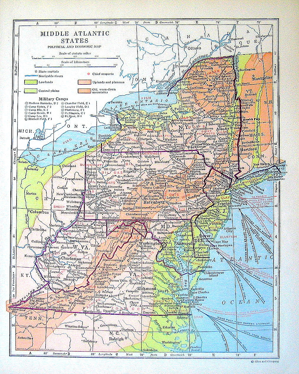 1920 Map of US States Middle Atlantic States Political and