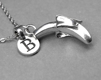 Banana Necklace, Peeled Banana, fruit charm, 3D silver plated pewter, initial necklace, initial hand stamped, personalized, monogram