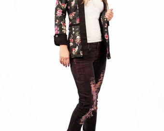 Agoraphobix Shredded tattoo print upcycled skinny jeans