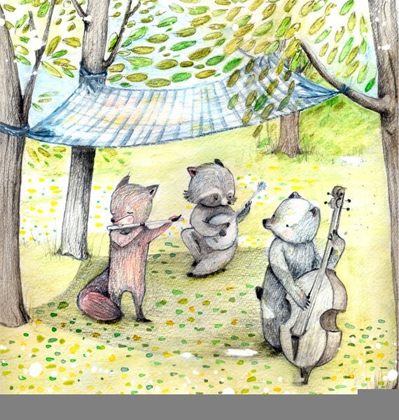 Woodland music Band Raccoon Fox Bear flute Banjo by holli on Etsy