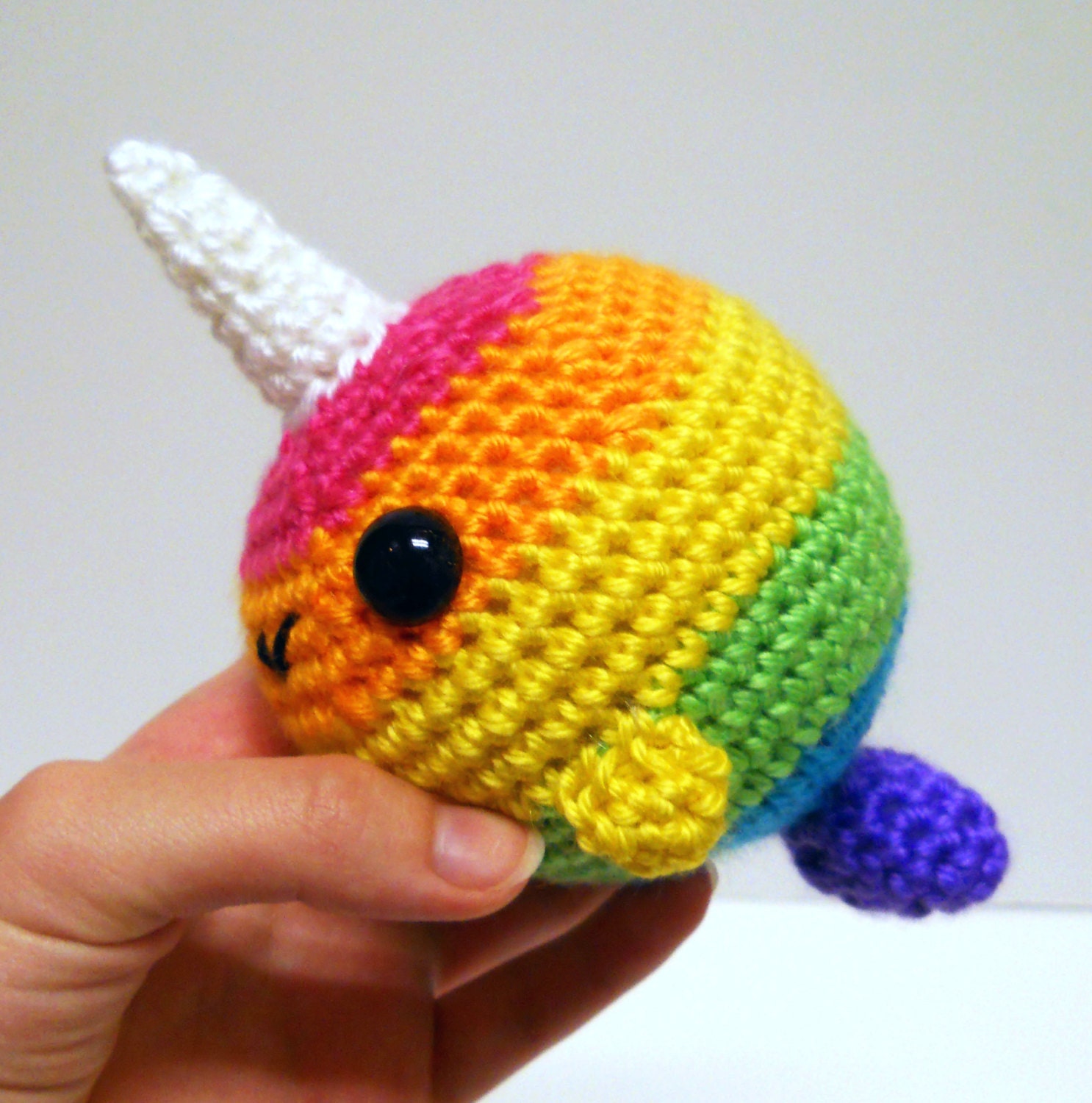 Crocheted Rainbow Narwhal Amigurumi Plushie Bright Rainbow