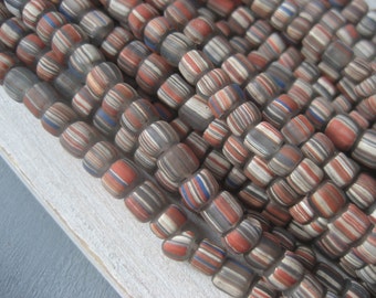 small striped grey glass beads matte white red ethnic barrel tube seed , New Indo-pacific - 3 to 6 mm / 10 inches strand - 3BBGL19-1