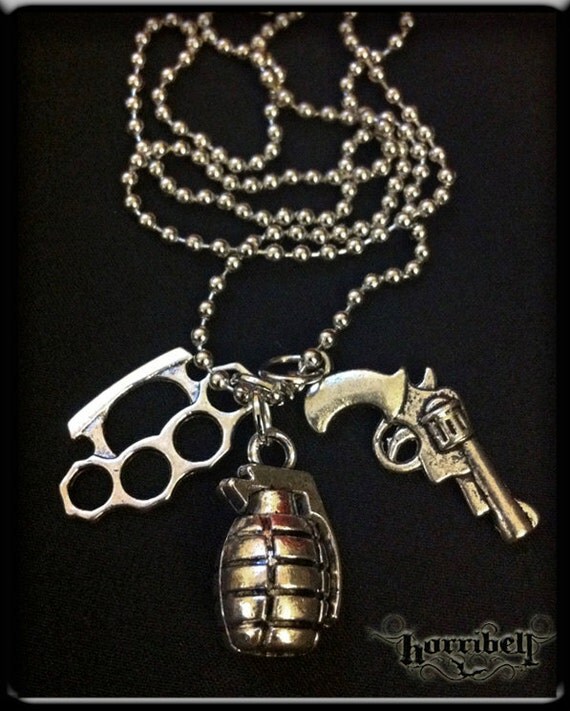 Deadly Weapons Charm Necklace Brass Knuckles by horribell on Etsy