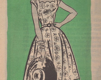 1950s Mail Order Marian Martin 9098 Misses Dress Pattern Scalloped Neckline Womens Vintage Sewing Pattern Size 14 Bust 34