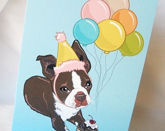 Brown Boston Terrier 'n Balloons Greeting Card