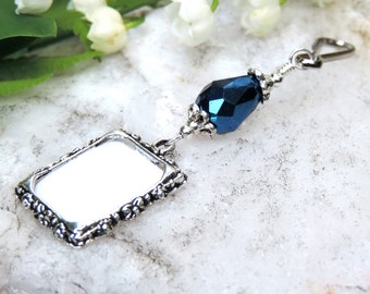 Something blue. Wedding bouquet memorial charm. Bridal bouquet photo charms with Blue teardrop crystal. Wedding keepsake. Photo jewelry.