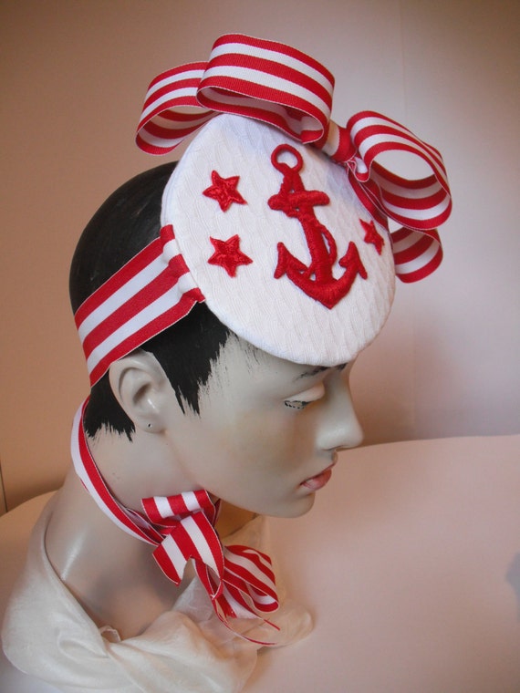 White Pique SAILOR Hat with Red Anchor applique.