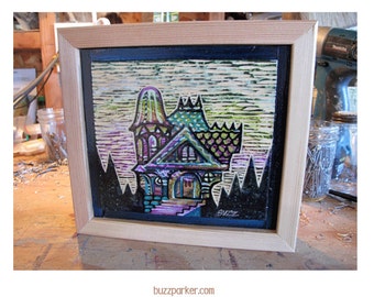 Candy Mansion, Original Carved Wood Painting -Home Tree Home- by Buzz Parker