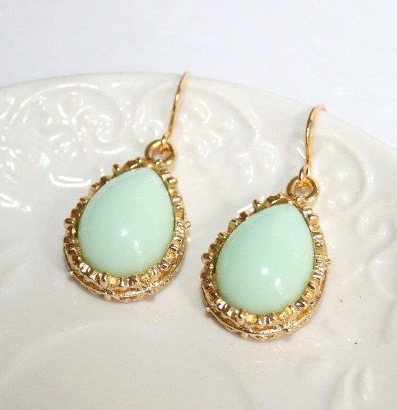 SALE Mint Green Teardrop Gold Earrings pastel Mint by AngelPearls