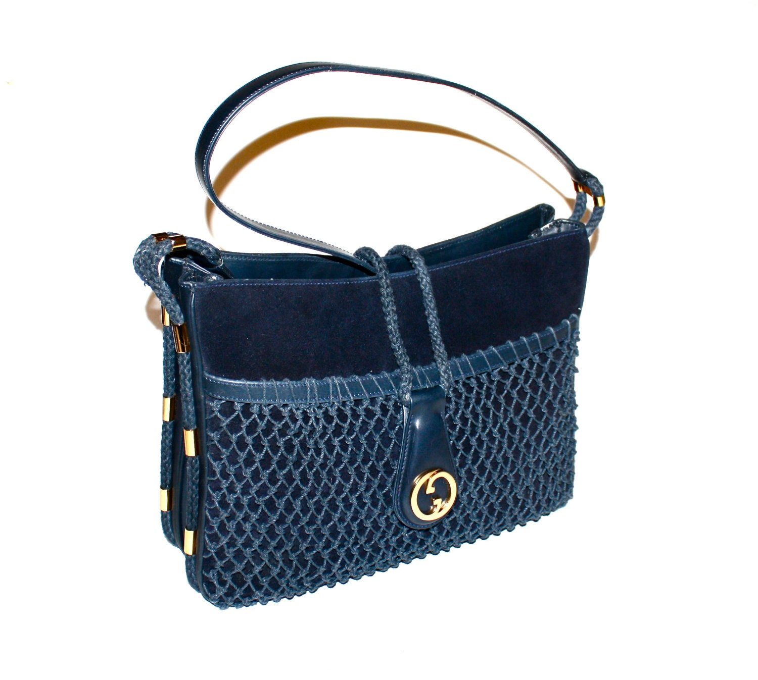 GUCCI Vintage Handbag Navy Suede Leather Rope by StatedStyle