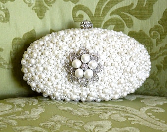 Ivory Pearl Clutch, Bridal Clutch, Bridal Minaudiere, Rhinestone Clutch, Vintage Style Wedding Clutch Purse, Bridal Purse