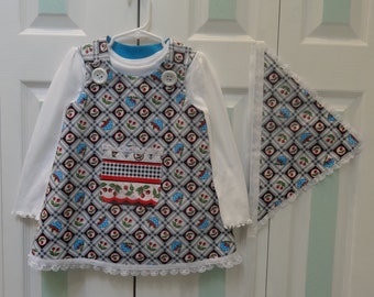 TODDLER DRESS SET: Designer Set, white polo, scarf set, 4 to 5 year old, black and white cherry print cotton, lace trim