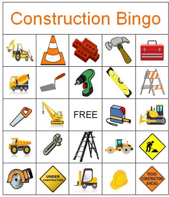 Construction Bingo Game Instant Download Printable Set 1